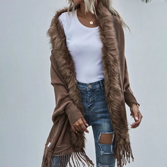 Contrast Fuzzy Batwing Sleeve Fringe Hem Cardigan - Picture 7 of 7